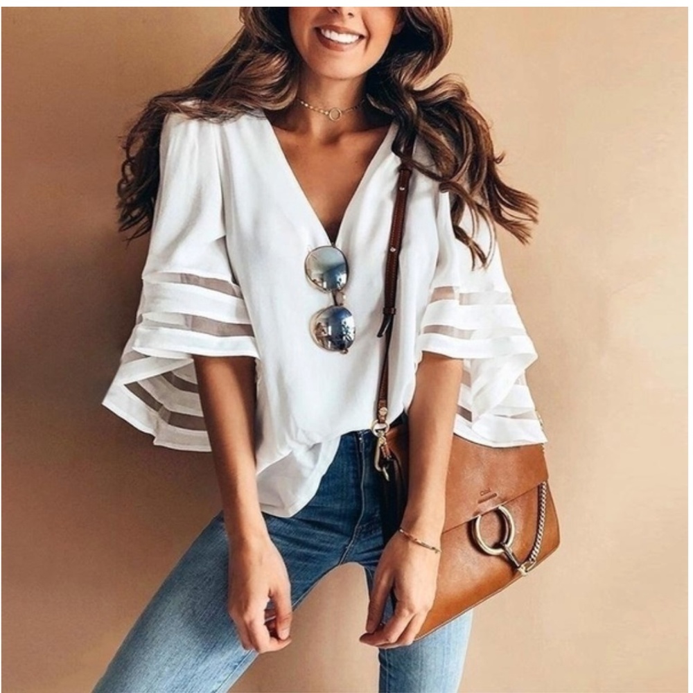 NWT V Neck Mesh Blouse 3/4 Bell Sleeve Loose Top